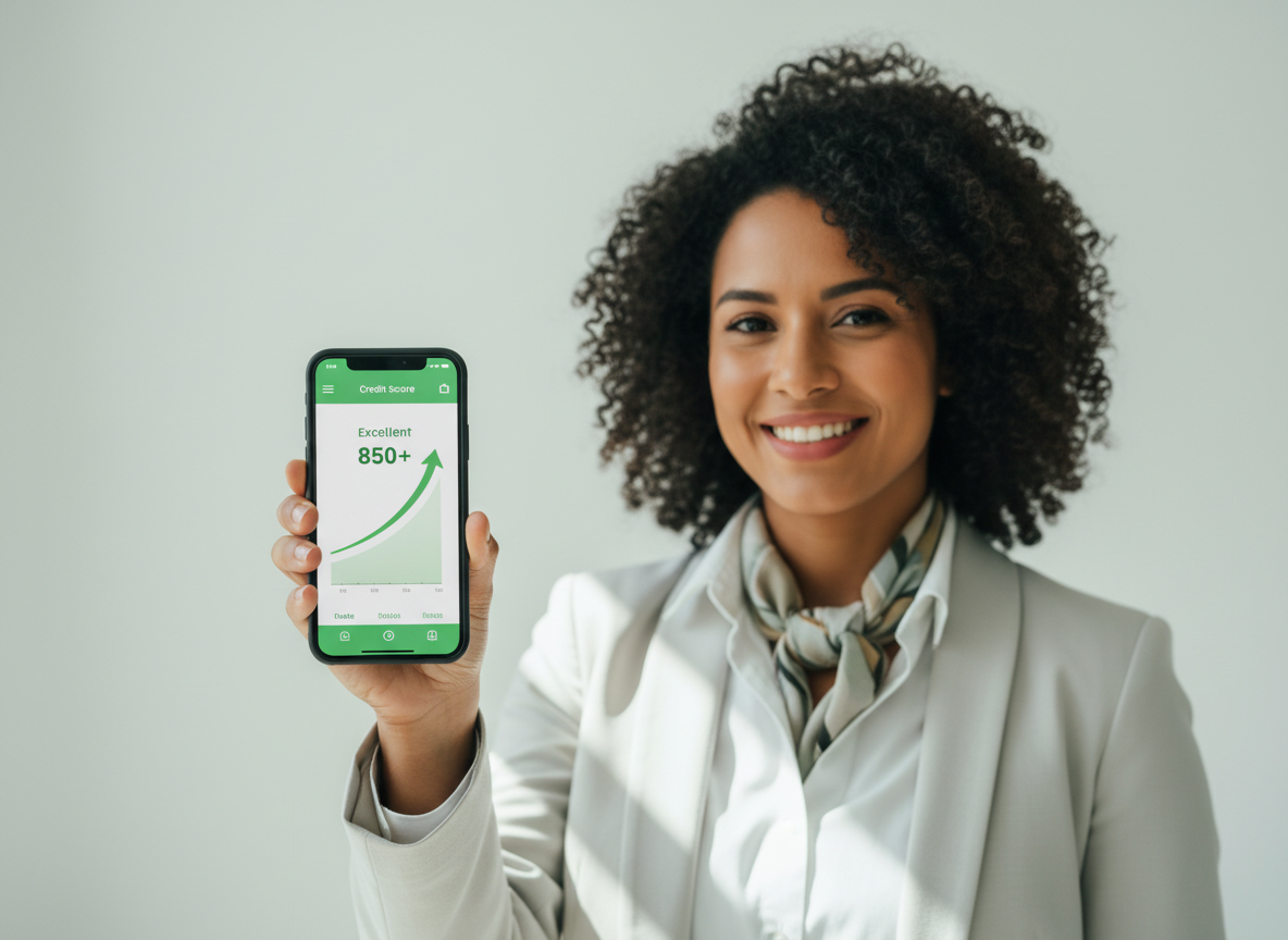 Pessoa sorrindo segurando celular com gráfico de score de crédito em alta